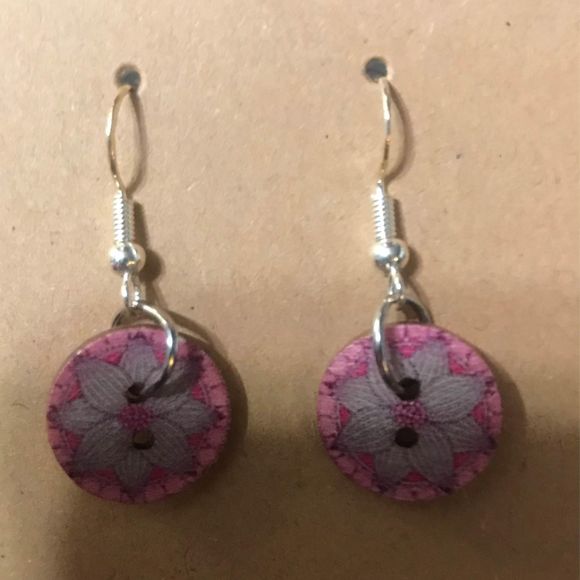 Jewelry - Boho mandala wood painted button earrings handmade pink purple